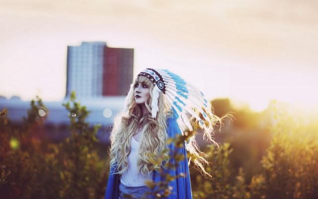 Woman blonde longhair bluecape flowerfield free wallpaper - medium preview image