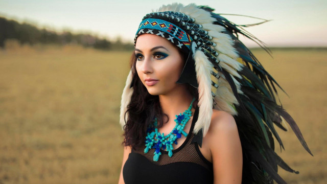 Woman headdress feathered head field free wallpaper - medium preview image