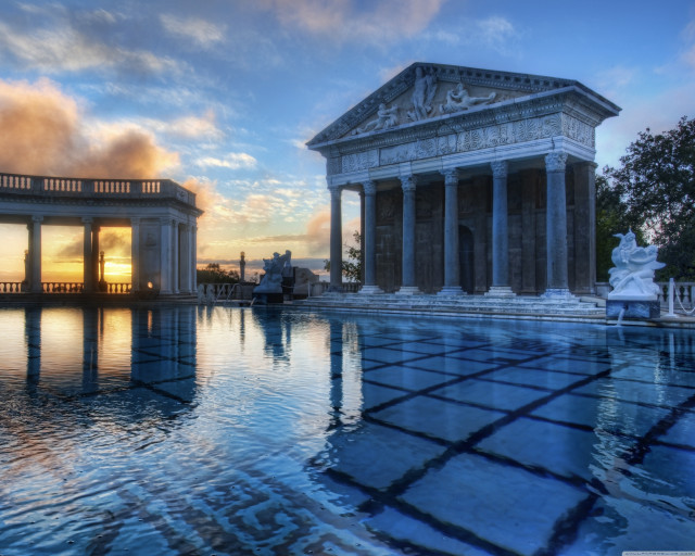 Large pool statue sunset clouds free wallpaper - medium preview image