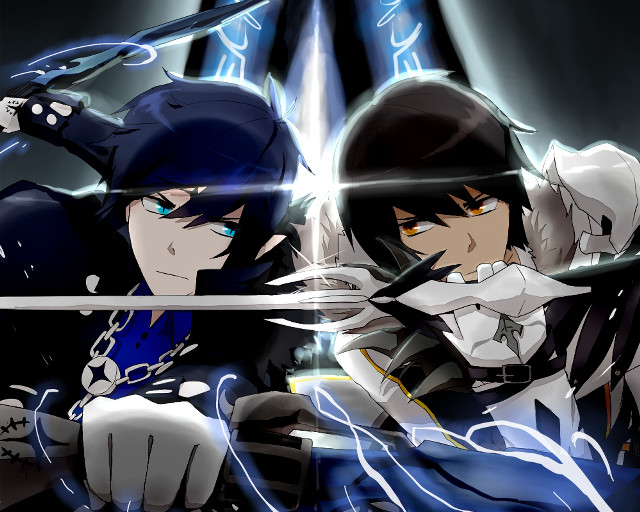 Anime characters swords black blue free wallpaper - medium preview image