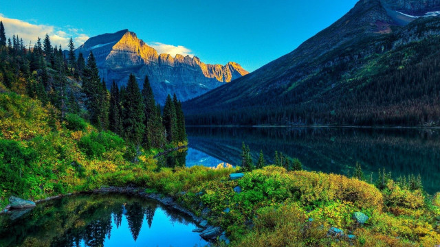 Mountain lake forest trees hillside free wallpaper - medium preview image