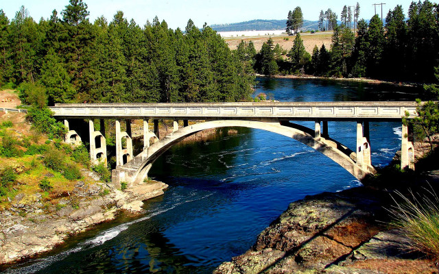 Bridge river boat trees mountain free wallpaper - medium preview image