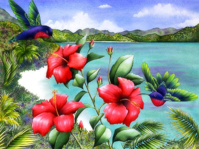 Bird flying lake red flowers free wallpaper - medium preview image