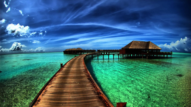 Pier hut ocean clouds sky free wallpaper - medium preview image