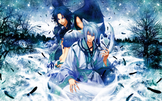 Anime characters snow trees birds free wallpaper for desktop - medium preview image