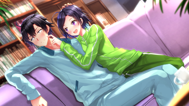 Couple sitting couch room bookshelf free wallpaper - medium preview image