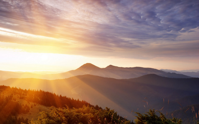 Sunset mountain range trees crepuscular free wallpaper - medium preview image