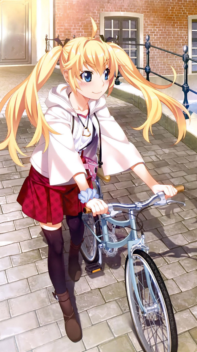 Girl riding bike brick road free wallpaper - medium preview image