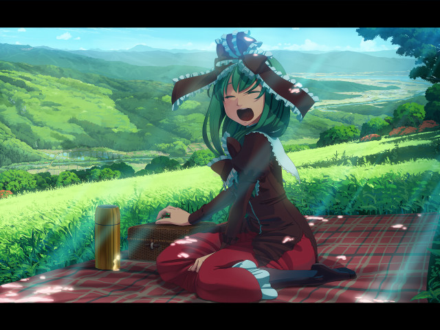 Woman sitting blanket suitcase mountain free wallpaper - medium preview image