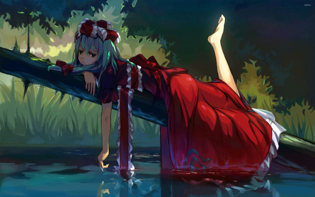 Woman red dress laying log free wallpaper - medium preview image