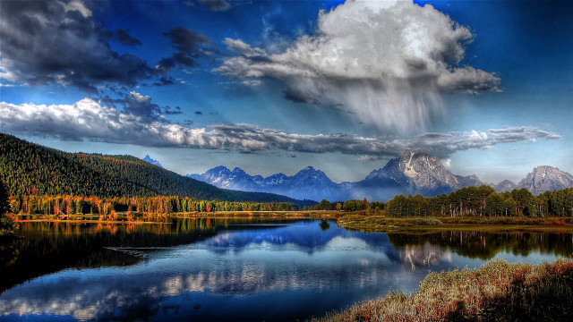 Lake mountains cloudy sky rainbow free wallpaper - medium preview image