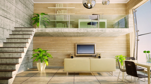 Living room tv staircase balcony free wallpaper - medium preview image