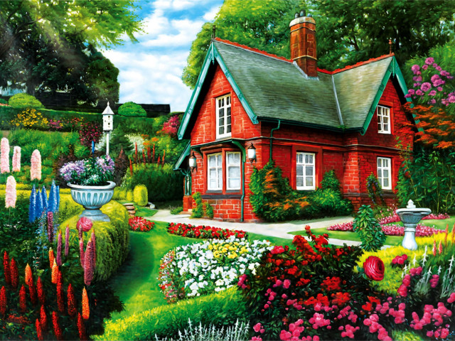 Red house flowers trees garden free wallpaper - medium preview image