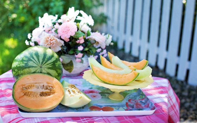 Table fruits melons flowers tablecloth free wallpaper - medium preview image