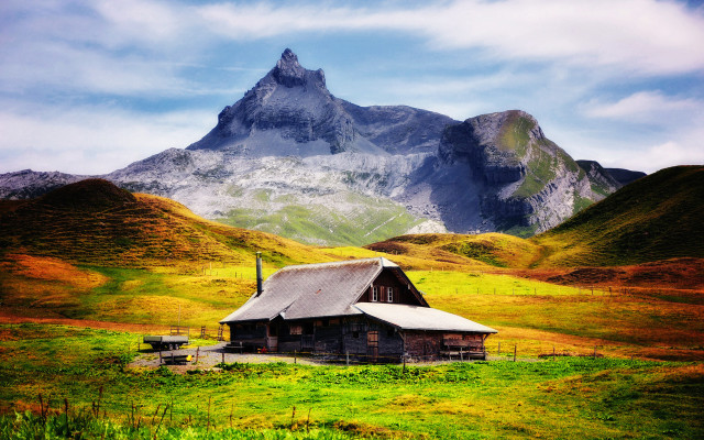Cabin field mountains sky clouds free wallpaper - medium preview image