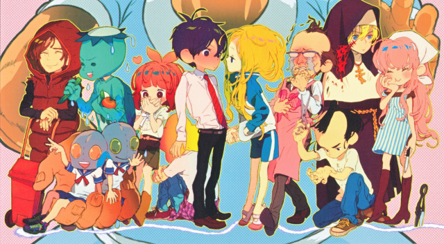 Anime characters group pink background free wallpaper - medium preview image