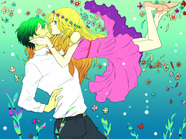 Man woman kissing water flowers free wallpaper - medium preview image