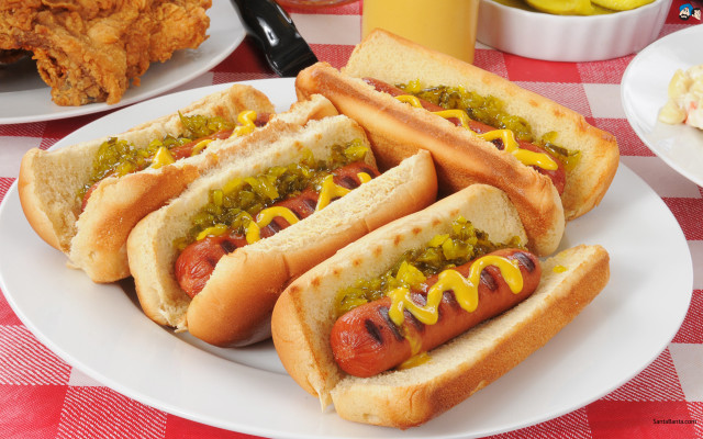 Hot dogs mustard relish fries free wallpaper - medium preview image