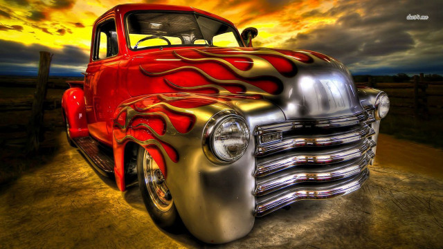 Red silver truck flames hood free wallpaper - medium preview image