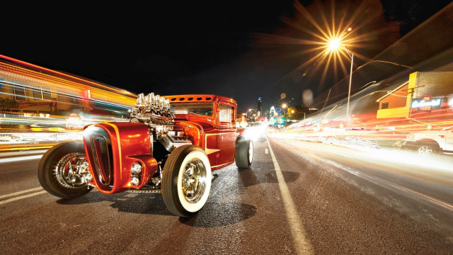 Red car night traffic bright free wallpaper - medium preview image