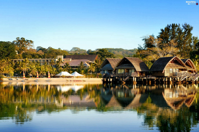 Water houses trees beach chairs free wallpaper for desktop - medium preview image