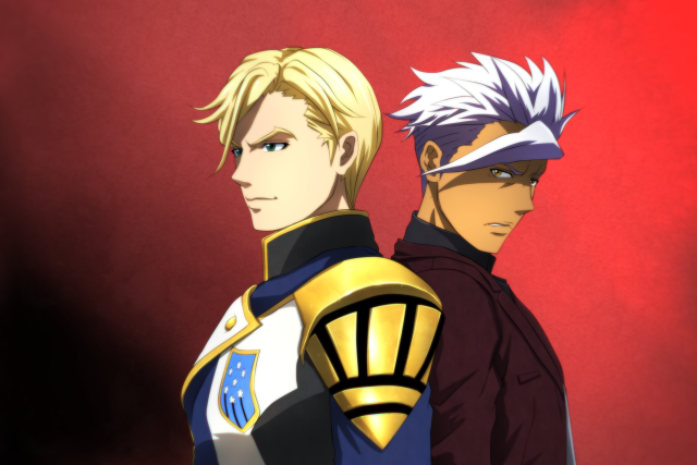 Anime characters standing red background free wallpaper - medium preview image