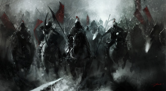 Horse riders forest flags cloudy free wallpaper - medium preview image