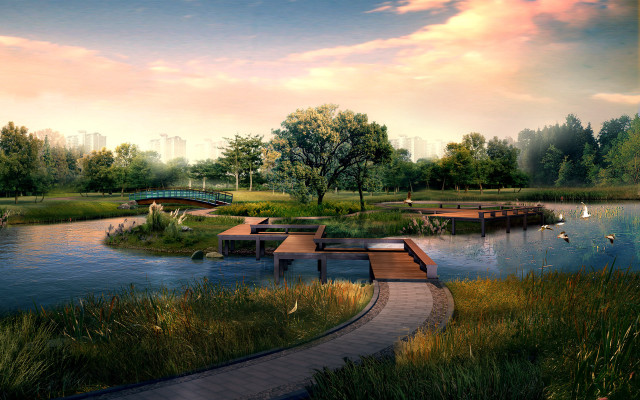 Park bench lake bridge painting #2 free wallpaper - medium preview image