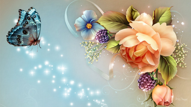 Butterfly flying flower bouquet blue free wallpaper - medium preview image
