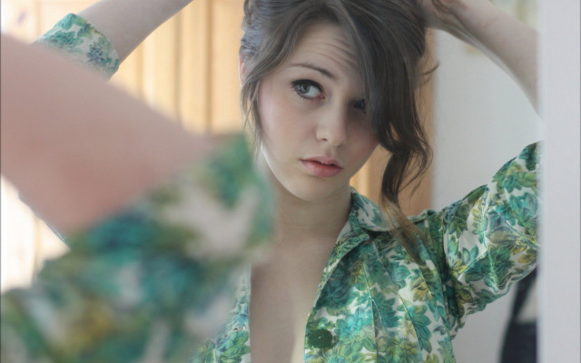Woman mirror hair green shirt free wallpaper - medium preview image