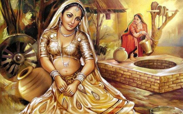 Woman sari man redsuit yellowdress free wallpaper - medium preview image