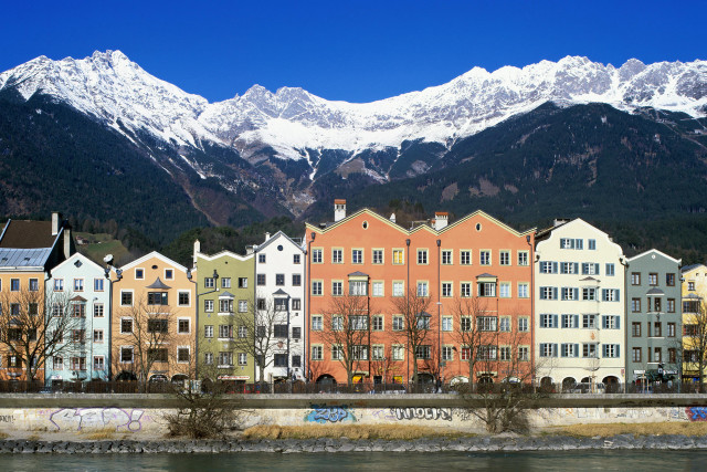 Buildings mountains water graffiti row free wallpaper - medium preview image
