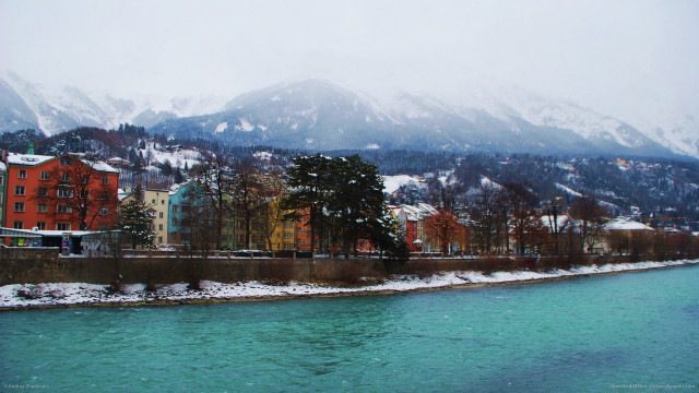 River city snow mountains buildings free wallpaper - medium preview image