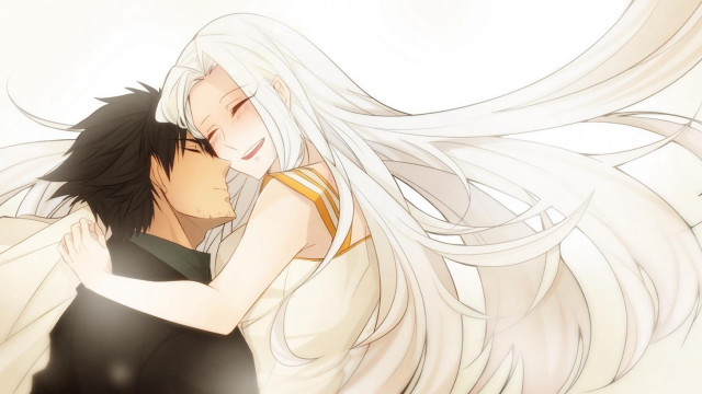 Anime couple hugging white hair free wallpaper - medium preview image