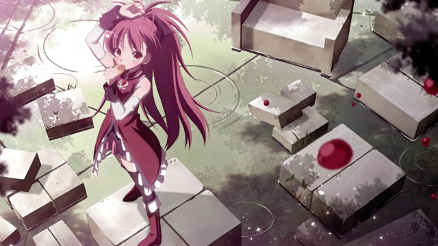 Girl standing boxes forest red free wallpaper - medium preview image