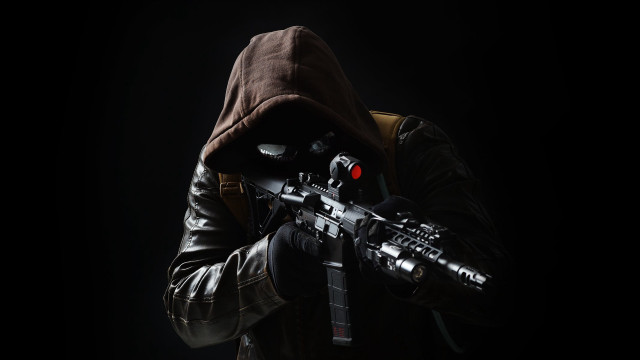 Man hooded jacket holding gun free wallpaper - medium preview image