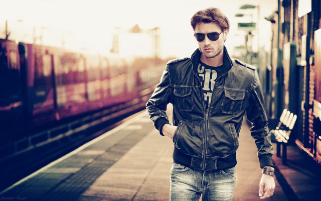 Man leather jacket sunglasses train free wallpaper - medium preview image
