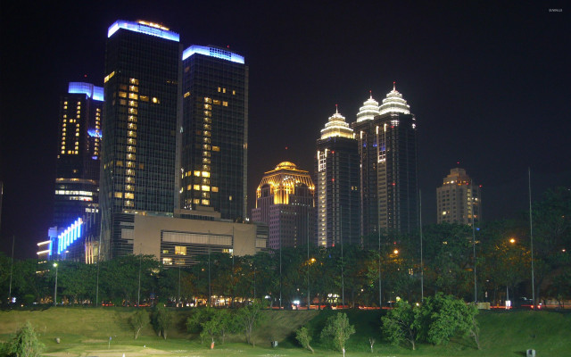 City skyline green field night free wallpaper - medium preview image