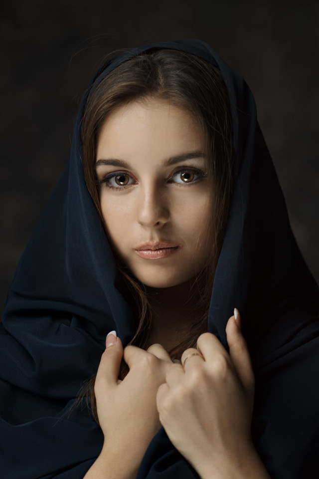 Woman black shawl posing hands free wallpaper - medium preview image