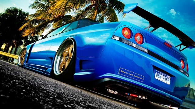 Blue car palm trees sky free wallpaper - medium preview image