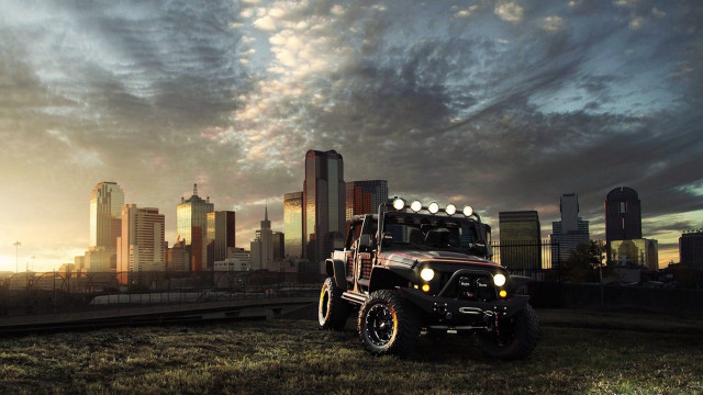 Jeep parked field city sunset #2 free wallpaper - medium preview image