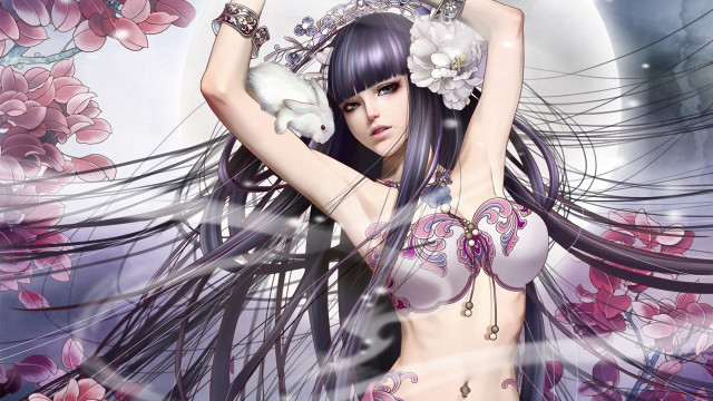 Woman whitecat purpledress anne stokes free wallpaper - medium preview image