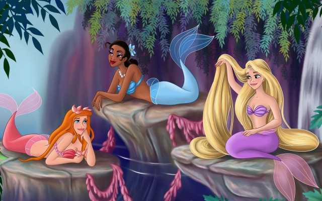 Three mermaids rocks waterfall forest free wallpaper - medium preview image