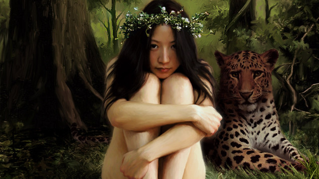 Woman leopard forest trees grass free wallpaper - medium preview image