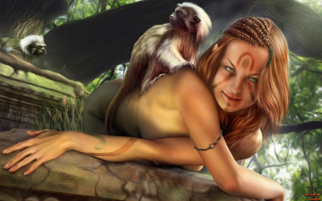 Woman monkey jungle trees rocks free wallpaper - medium preview image