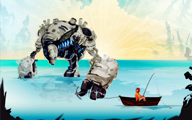 Man boat giant robot water free wallpaper - medium preview image