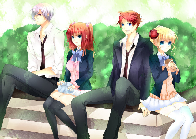 Anime characters bench tree bushes free wallpaper - medium preview image