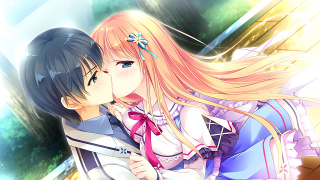 Anime couple kissing window green free wallpaper - medium preview image