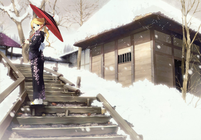 Woman umbrella snowy hill building #2 free wallpaper - medium preview image