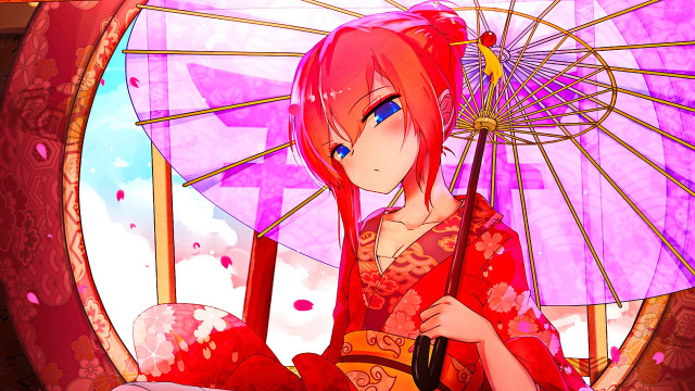 Woman red dress umbrella mirror free wallpaper - medium preview image